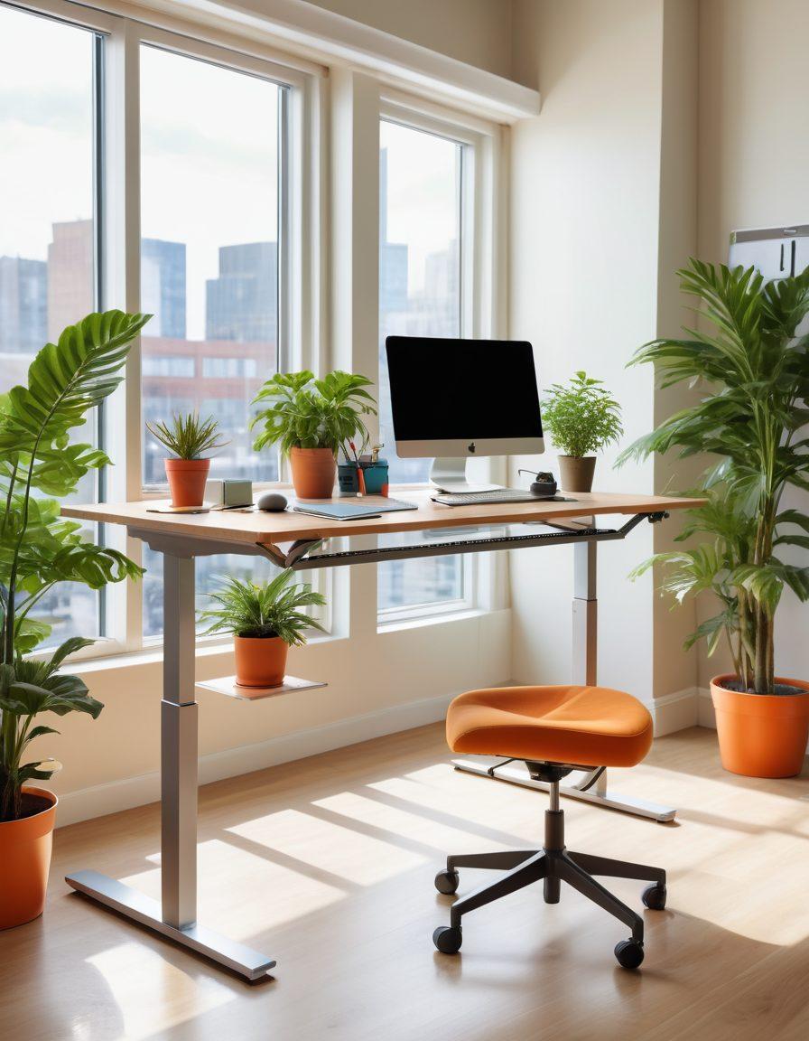 A modern workspace filled with ergonomic office equipment, including an adjustable standing desk, a comfortable chair, and high-tech gadgets. Bright natural light streaming through large windows, with plants and personal touches like colorful stationery to create a happier atmosphere. A serene and inspiring vibe intertwined with elements promoting productivity. super-realistic. vibrant colors. soft-focus background.