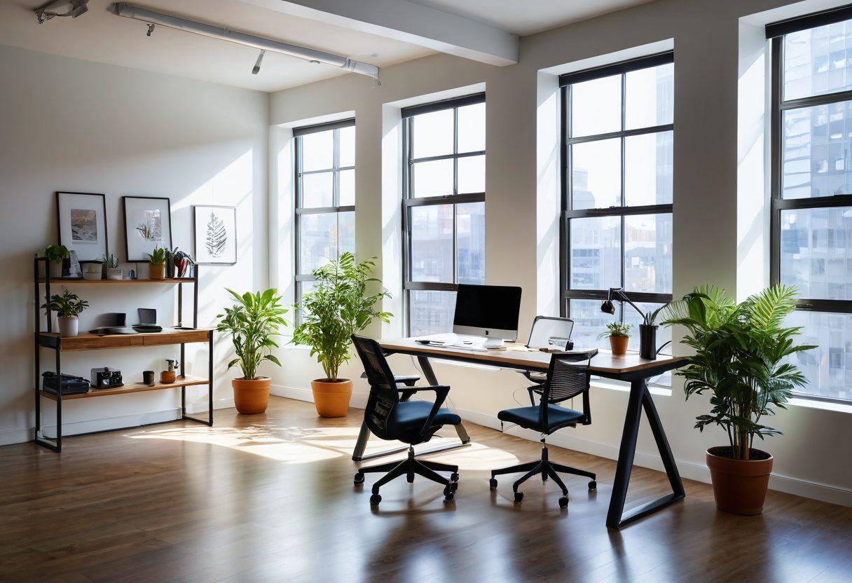 A sleek, modern workspace filled with innovative equipment designed to enhance productivity and joy. Include elements like an ergonomic chair, a standing desk with integrated technology, and vibrant plants that add life to the space. A person of diverse background joyfully interacting with the equipment, showcasing a sense of fulfillment. Bright sunlight streaming through a large window, illuminating the workspace. ultra-realistic. vibrant colors. bright background.