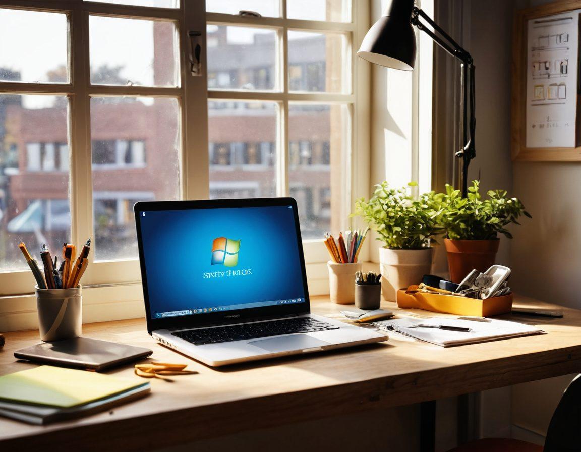 An inspiring workspace featuring a variety of reliable tools such as a high-quality laptop, a sturdy toolbox, and cheerful office supplies, all arranged harmoniously. The scene is illuminated by warm, natural light filtering through a window, casting soft shadows. Include a motivational quote subtly integrated into the background to evoke joy and productivity. The overall atmosphere should be vibrant and inviting, symbolizing success and fulfillment at work. super-realistic. vibrant colors. warm lighting.